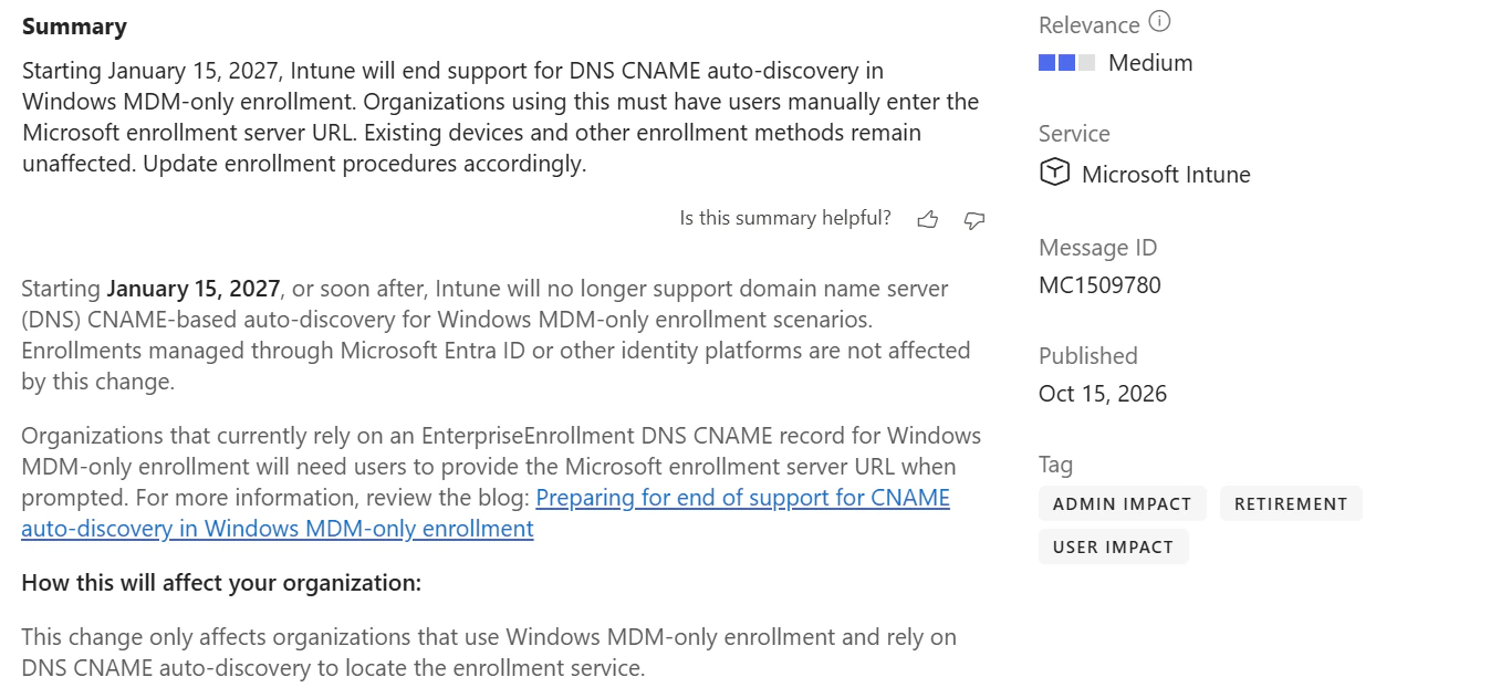 Microsoft-365-Message-Center-Mitteilung MC1509780: Ende der CNAME Auto-Discovery für Windows MDM-only Enrollment ab dem 15. Januar 2027.