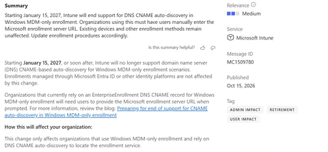 Microsoft-365-Message-Center-Mitteilung MC1509780: Ende der CNAME Auto-Discovery für Windows MDM-only Enrollment ab dem 15. Januar 2027.