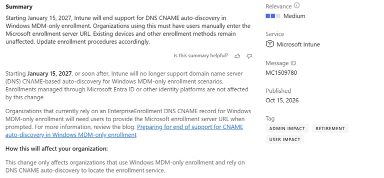 Microsoft-365-Message-Center-Mitteilung MC1509780: Ende der CNAME Auto-Discovery für Windows MDM-only Enrollment ab dem 15. Januar 2027.