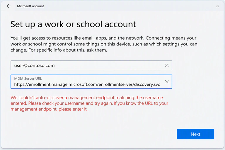 Windows-Enrollment-Dialog mit dem Feld MDM Server URL und der eingetragenen Microsoft-Enrollment-URL. Die Meldung darunter weist auf die fehlgeschlagene automatische Serversuche hin.